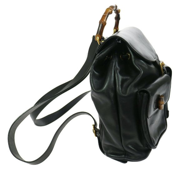 GUCCI Bamboo Line Backpack Black Leather Vintage G - Picture 3 of 11